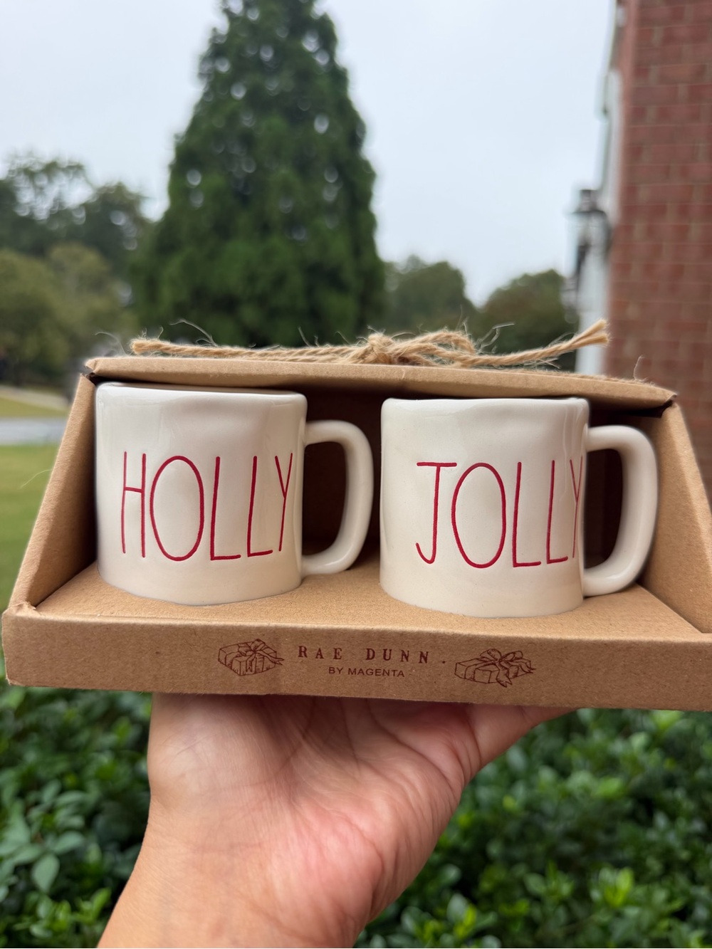 Rae Dunn HOLLY' & 'JOLLY' Ceramic Mini Mug Holiday Ornaments by Magneta set of 2